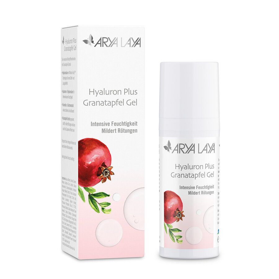 Arya Laya Hyaluron Plus Granatapfel Gel Flasche und Karton mit Granatapfel-Motiv.