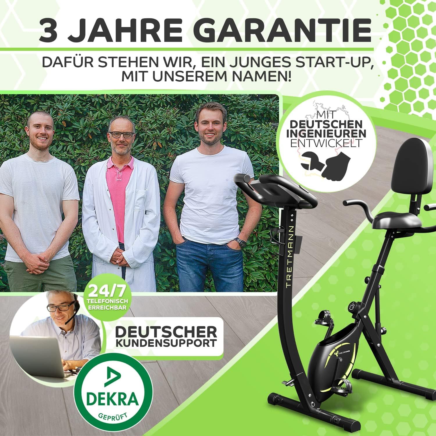 Drei Männer vor dem Heimtrainer. Text: "Tretmann", "3 Jahre Garantie", "Deutscher Kundensupport".