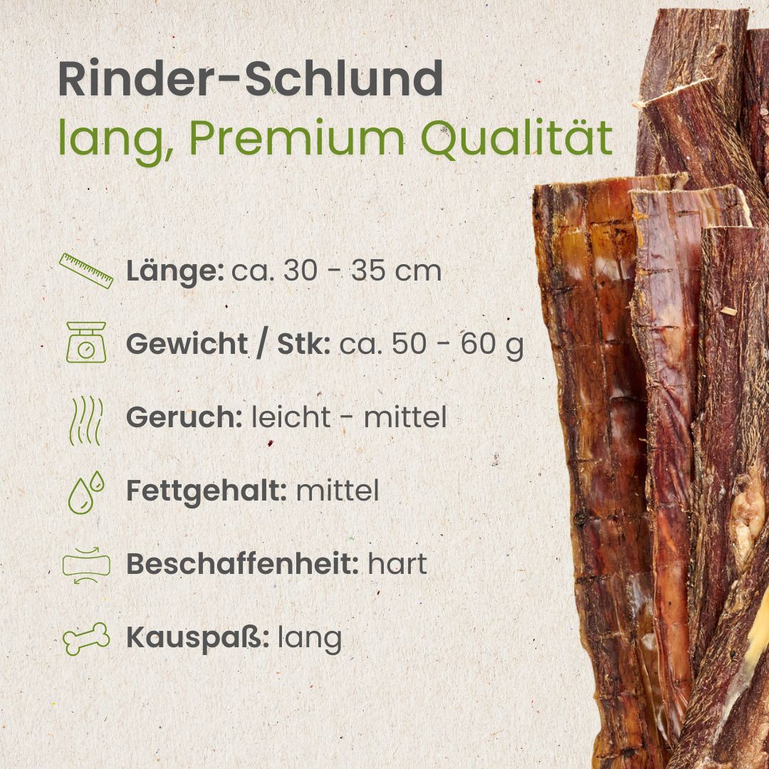 Getrocknete Rinder-Schlund-Streifen mit Qualitätsmerkmalen wie '100% Rind'.