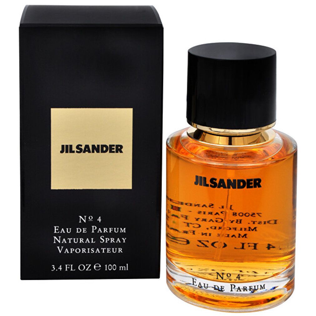 Jil Sander Nº4 Eau de Parfum Flakon und Verpackung. Schwarzer Deckel, goldfarbener Hals, goldfarbene Schrift.