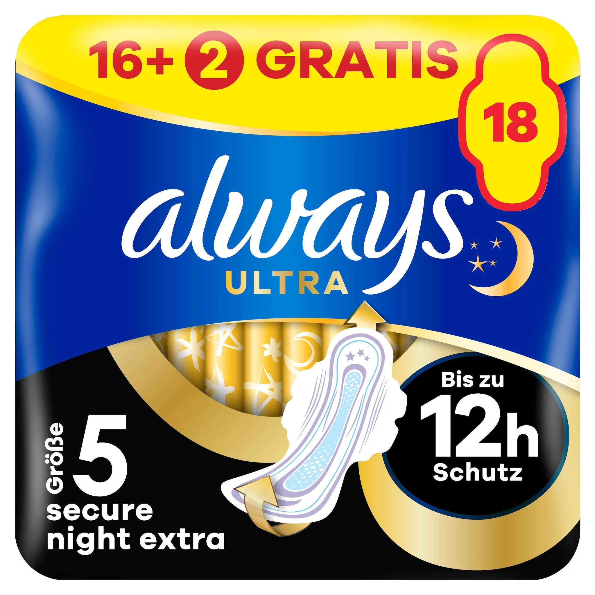always Ultra Binde Secure Night Extra mit Flügeln BigPack 16+2 Gratis 18 St