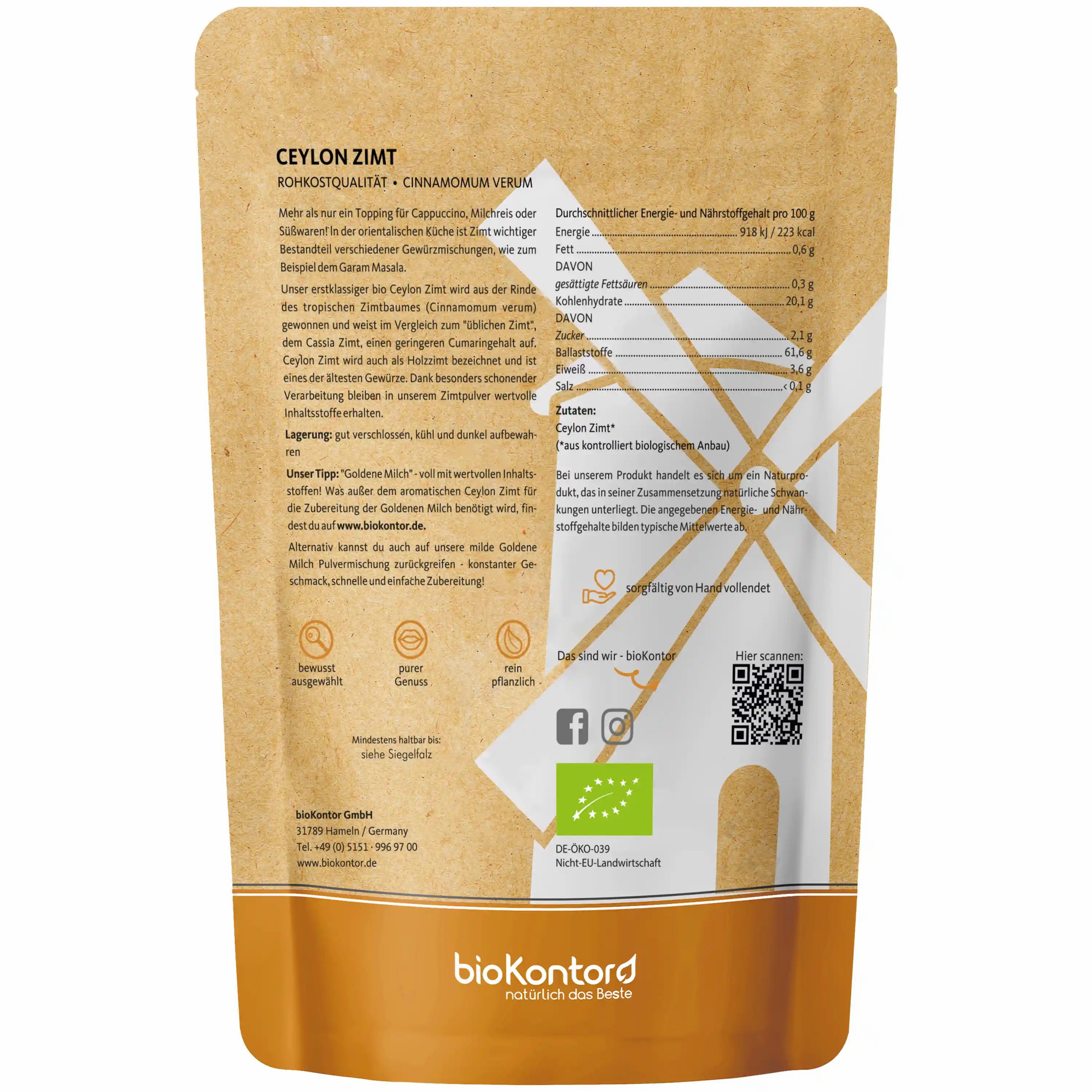 Bio-Zimt-Verpackung mit Nährwertangaben und Bio-Siegel.