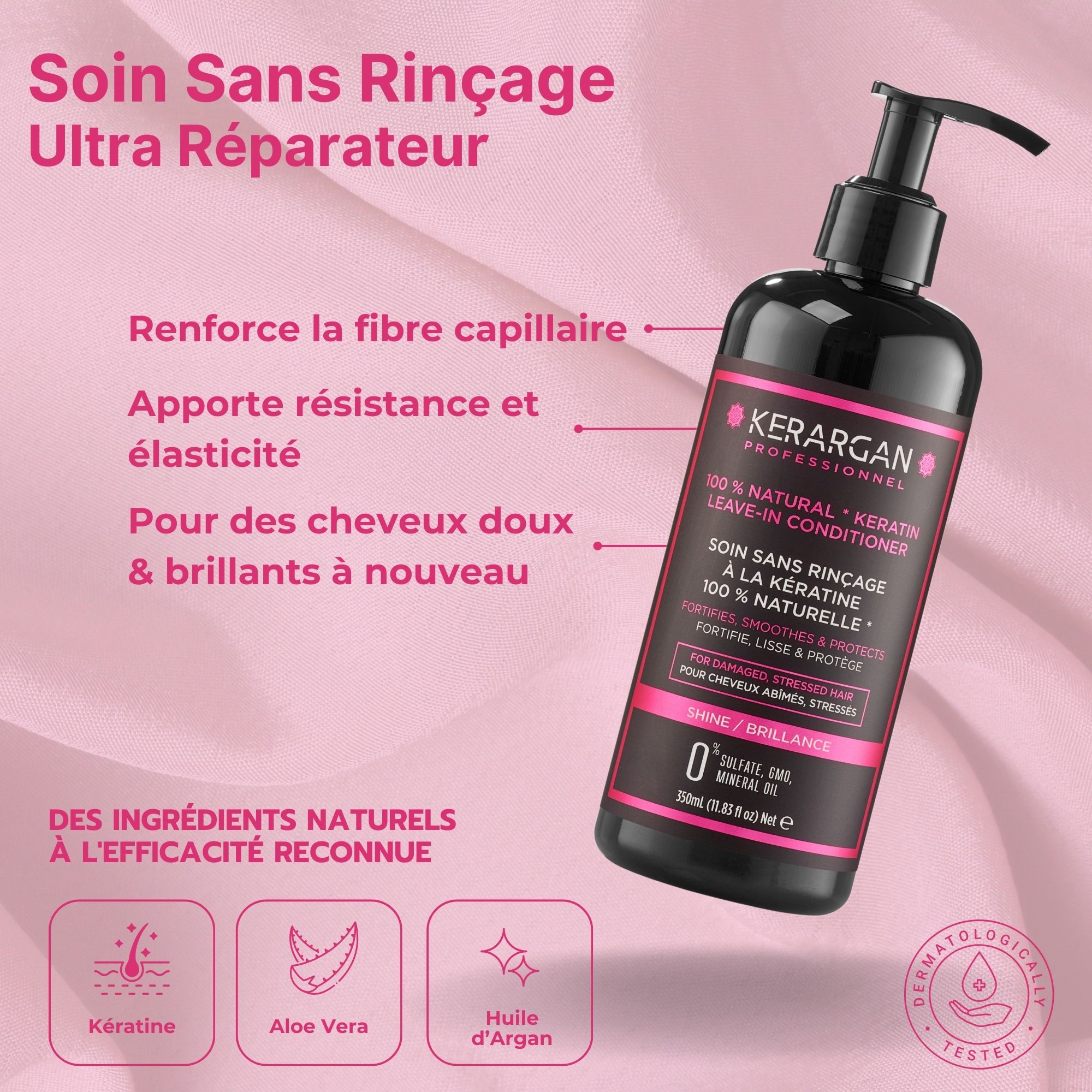 Flacon noir Kerargan Leave-In Conditioner avec étiquette rose. Texte et logos.