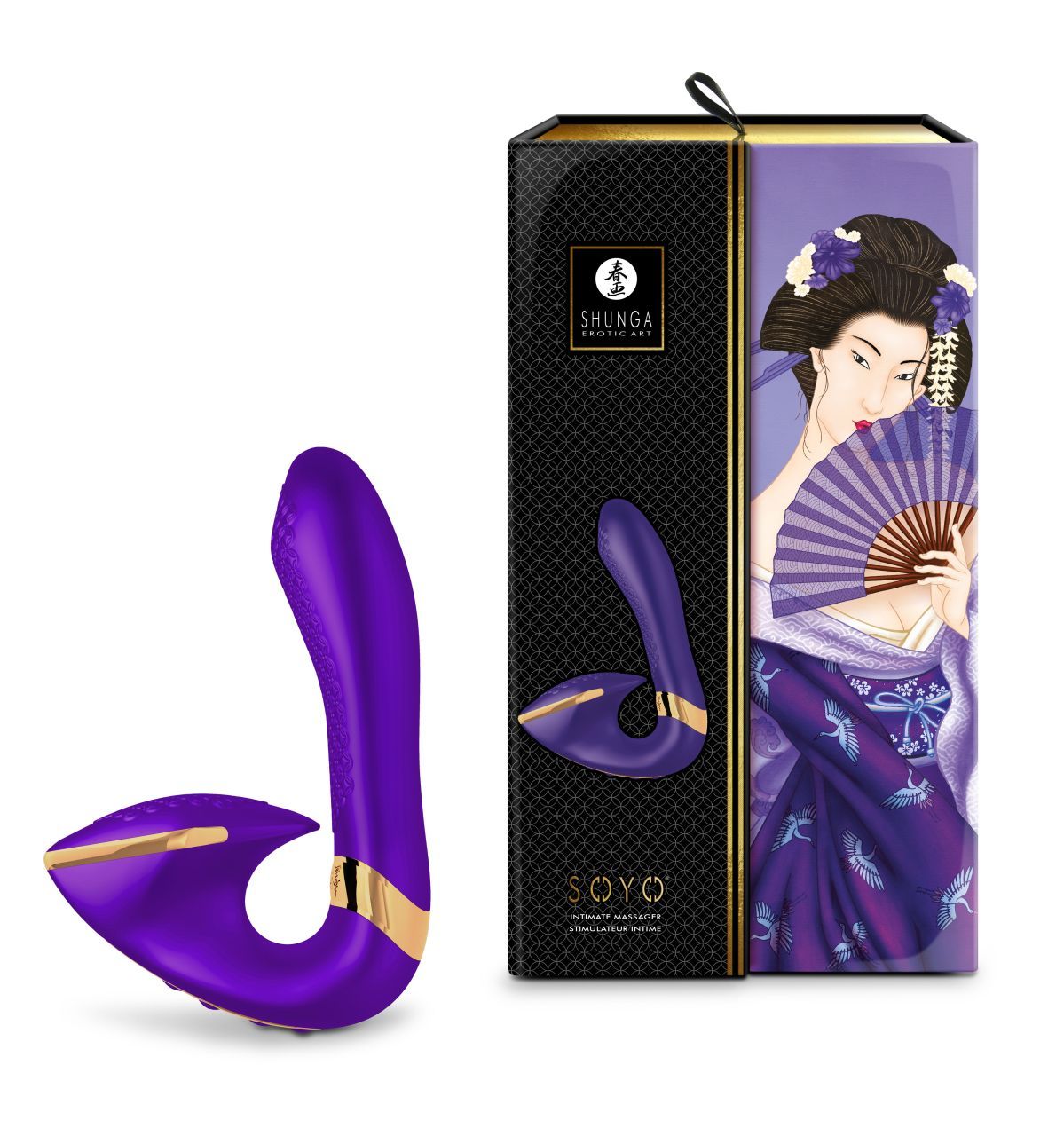 Lila Intimmassagegerät mit goldfarbenen Akzenten. Neben der Verpackung mit Illustration einer Frau.
