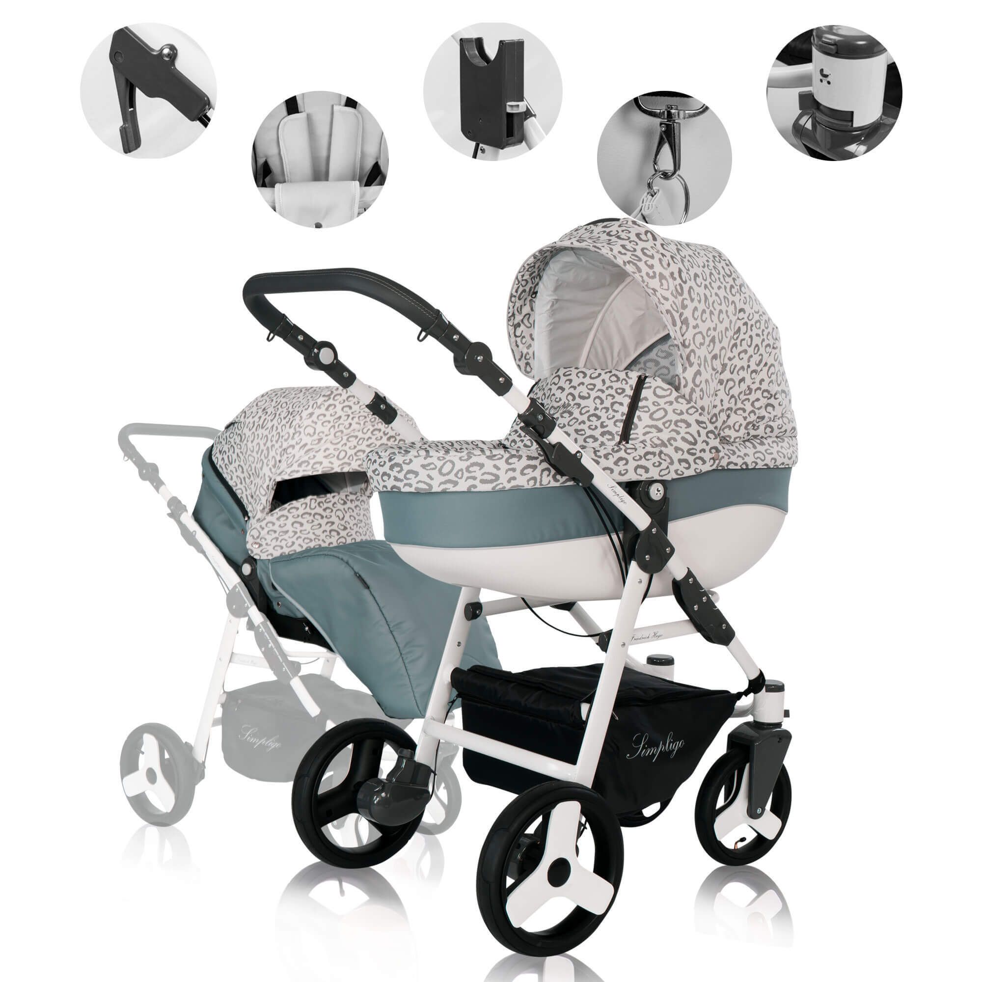 Kinderwagen mit Leopard-Muster, weißem Gestell und schwarzen Rädern. Details: Griff, Sitz, Tasche, Verschluss, Rad.