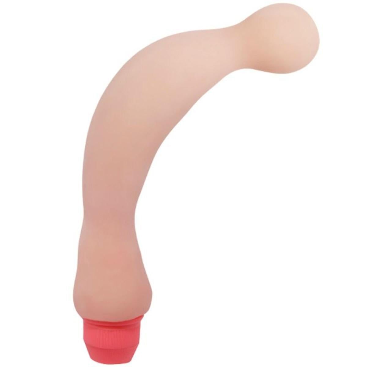 Gebogener, beigefarbener Vibrator mit rotem Ende. Glatte Oberfläche, abgerundete Form.