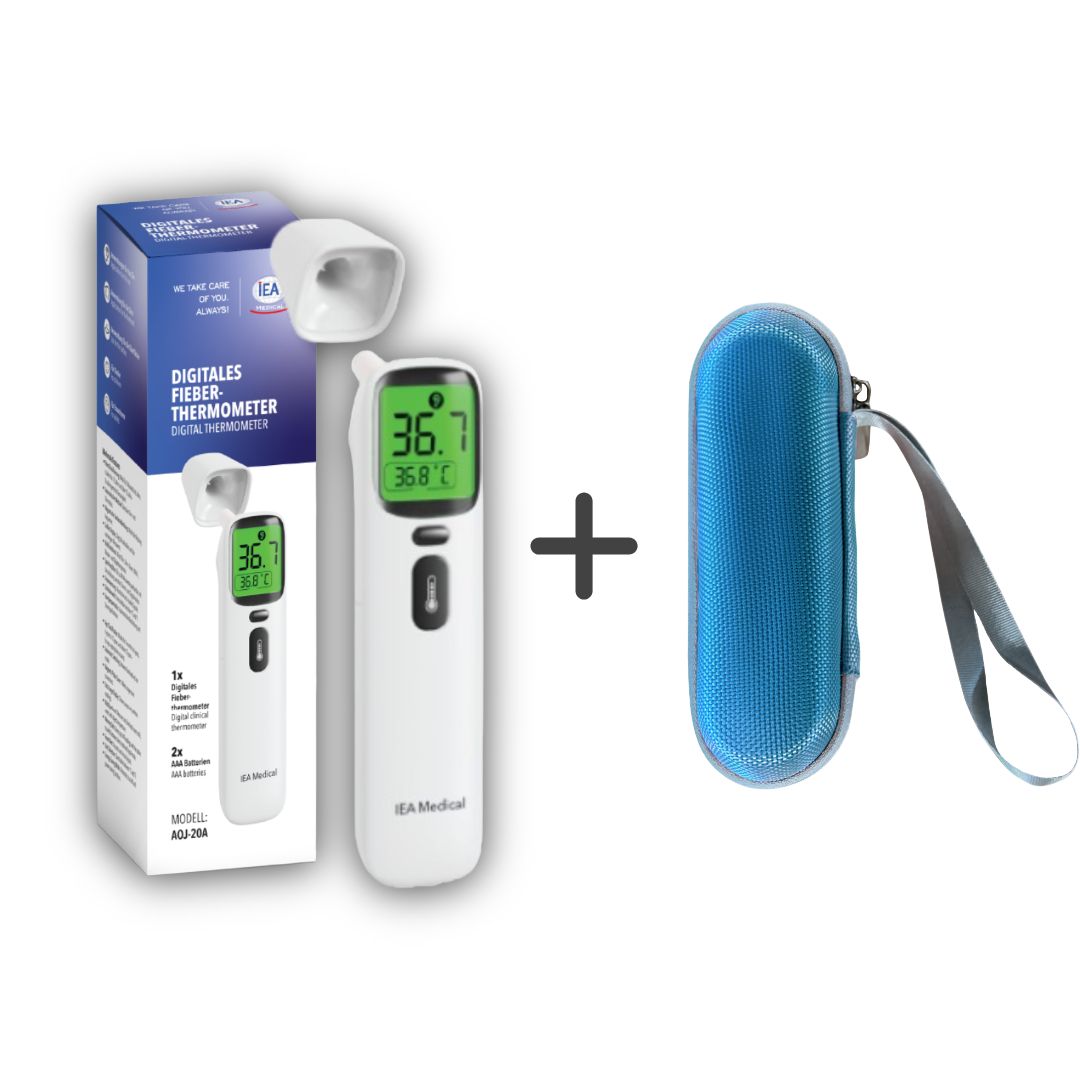 Digitales Fieberthermometer, weiß, mit blauem Etui. Verpackung zeigt Produkt und Zubehör. IEA Medical.