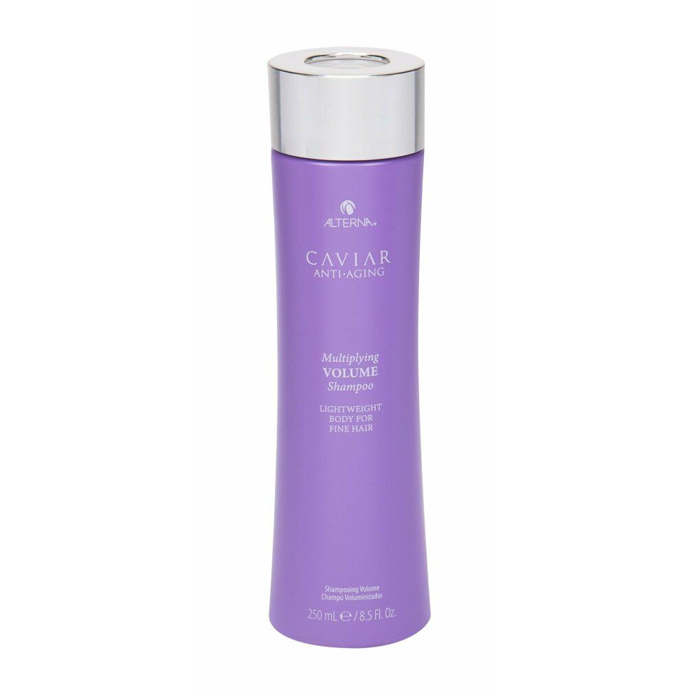 Lila Shampoo-Flasche mit silbernem Deckel. Aufschrift: Alterna Caviar Anti-Aging Multiplying Volume Shampoo.