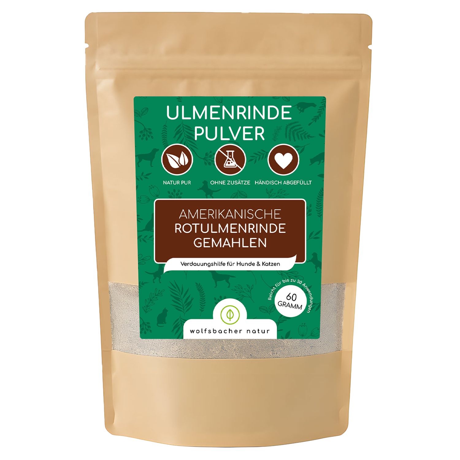 Beutel mit Ulmenrinde Pulver. Aufschrift: Amerikanische Rotulmenrinde gemahlen. 60 Gramm.