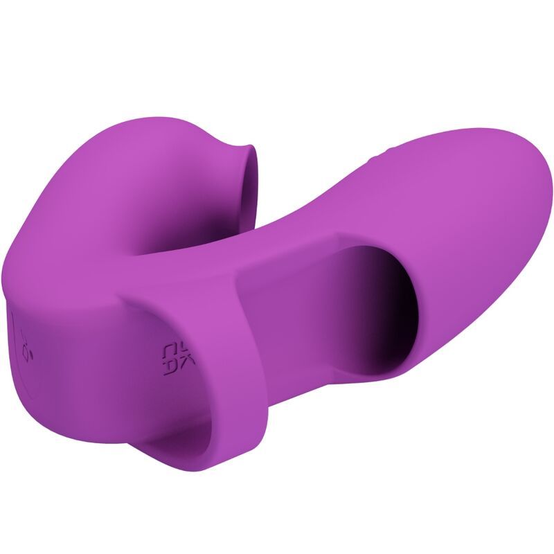 Lila Fingervibrator. Ringförmiger Griff, abgerundete Enden und eine konkave Form.