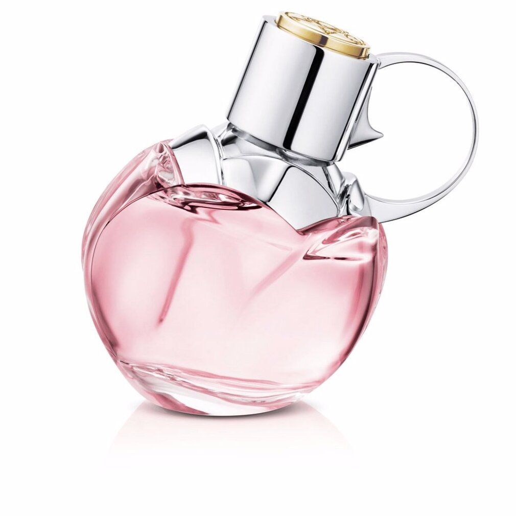 Azzaro Wanted Girl Tonic Eau De Toilette Spray. Flakon in Granatenform, silberner Verschluss. Rosa Flüssigkeit sichtbar.