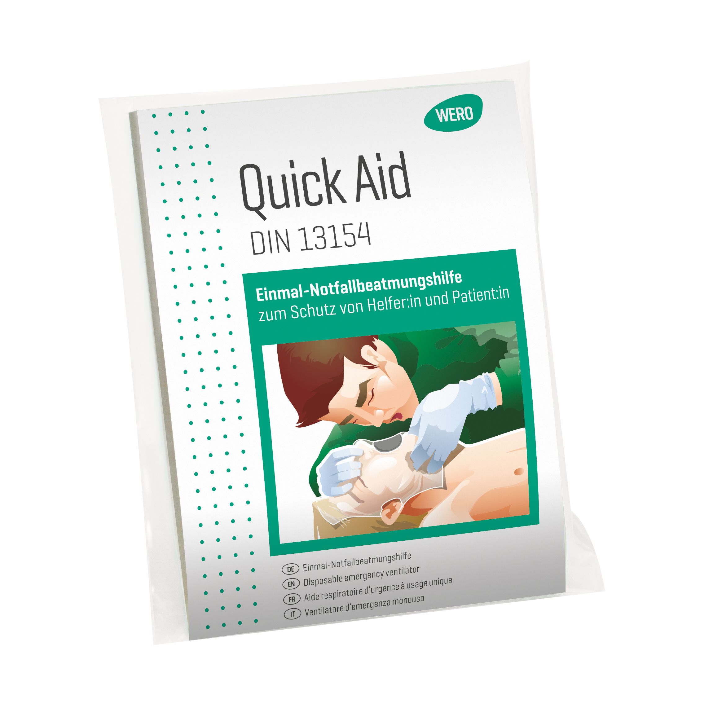 Notfallbeatmungshilfe in Folienverpackung. Aufdruck: Quick Aid, DIN 13154. Illustration: Erste-Hilfe-Situation.