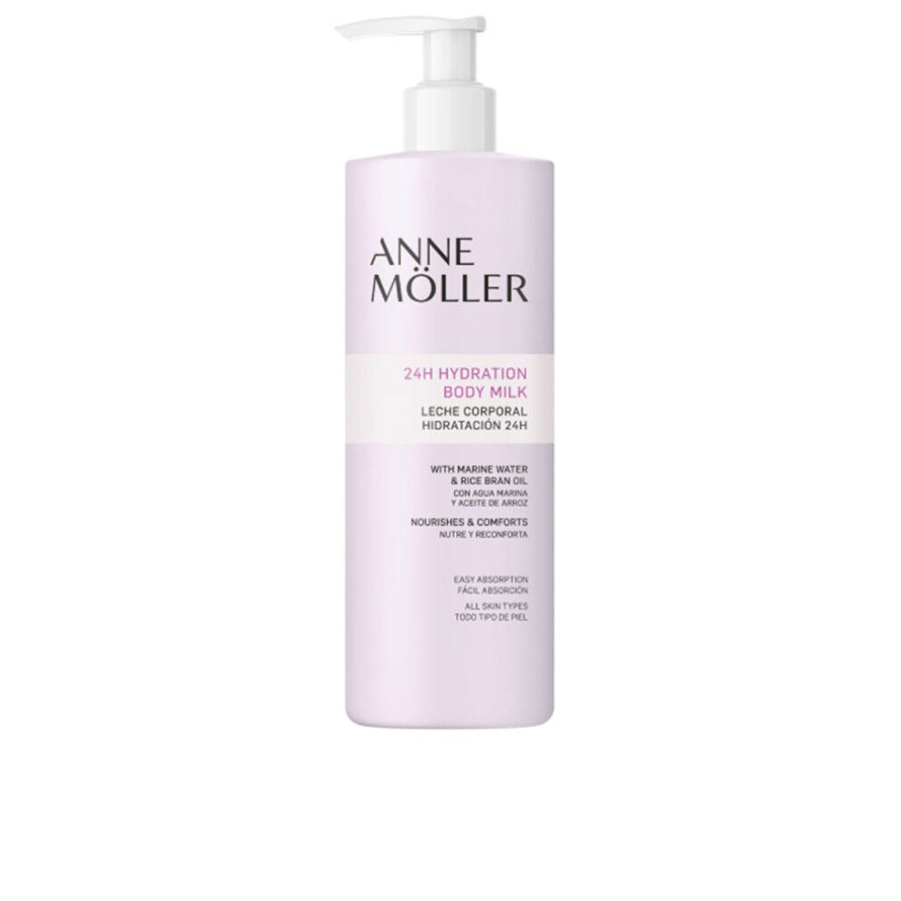 Rosa Flasche mit Pumpverschluss. Aufschrift: ANNE MÖLLER, 24H Hydration Body Milk. Inhaltsstoffe und Eigenschaften.