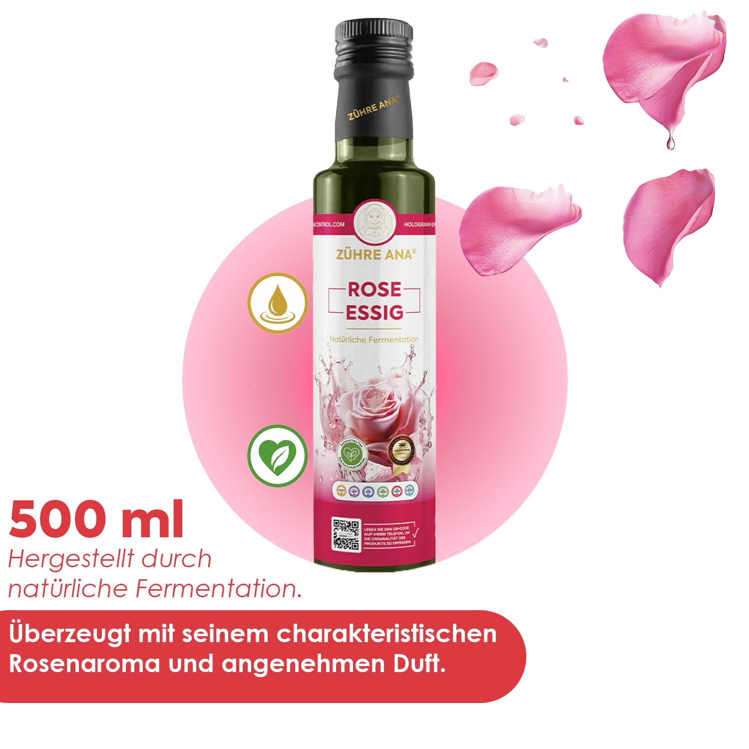 Flasche Rosenessig mit Angabe '500 ml' und Text über Fermentation und Duft.