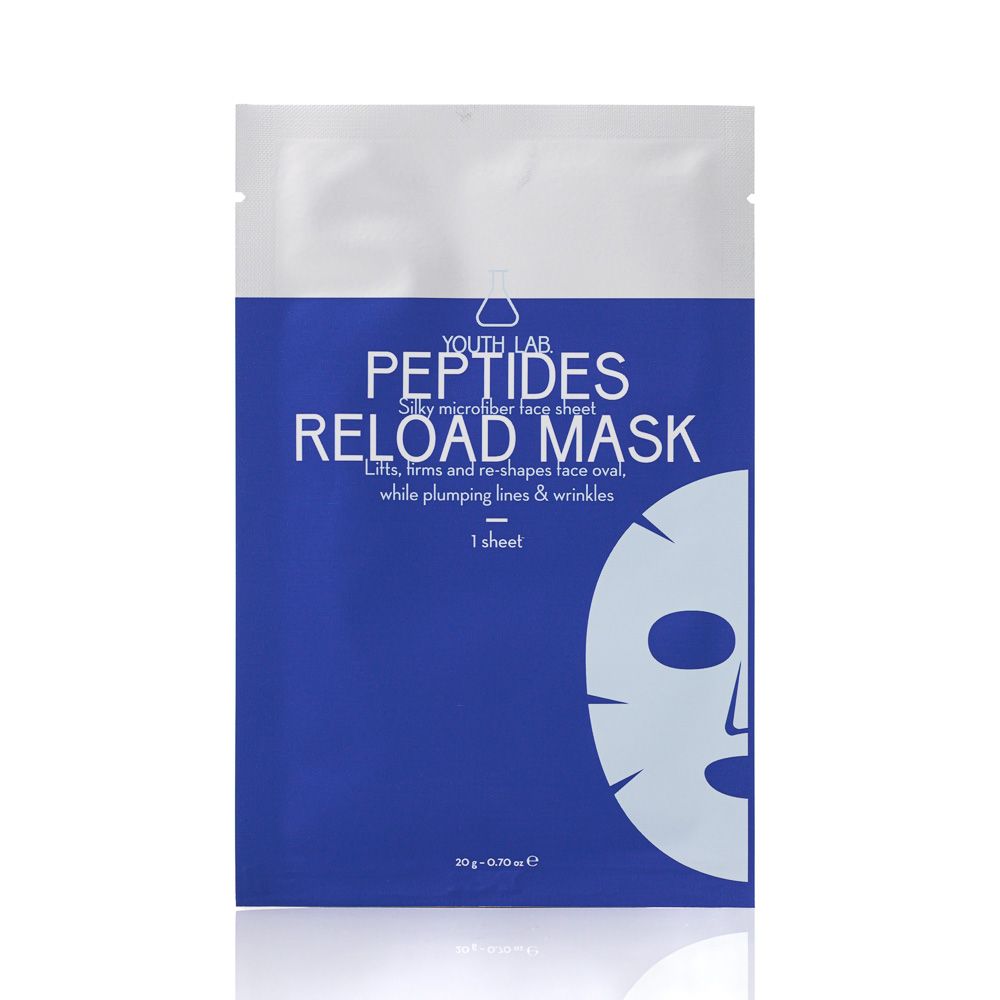 Einzelne Packung mit Gesichtsmaske. Blau-weißes Design mit Produktnamen und Logo. Text: Peptides Reload Mask, 1 sheet.