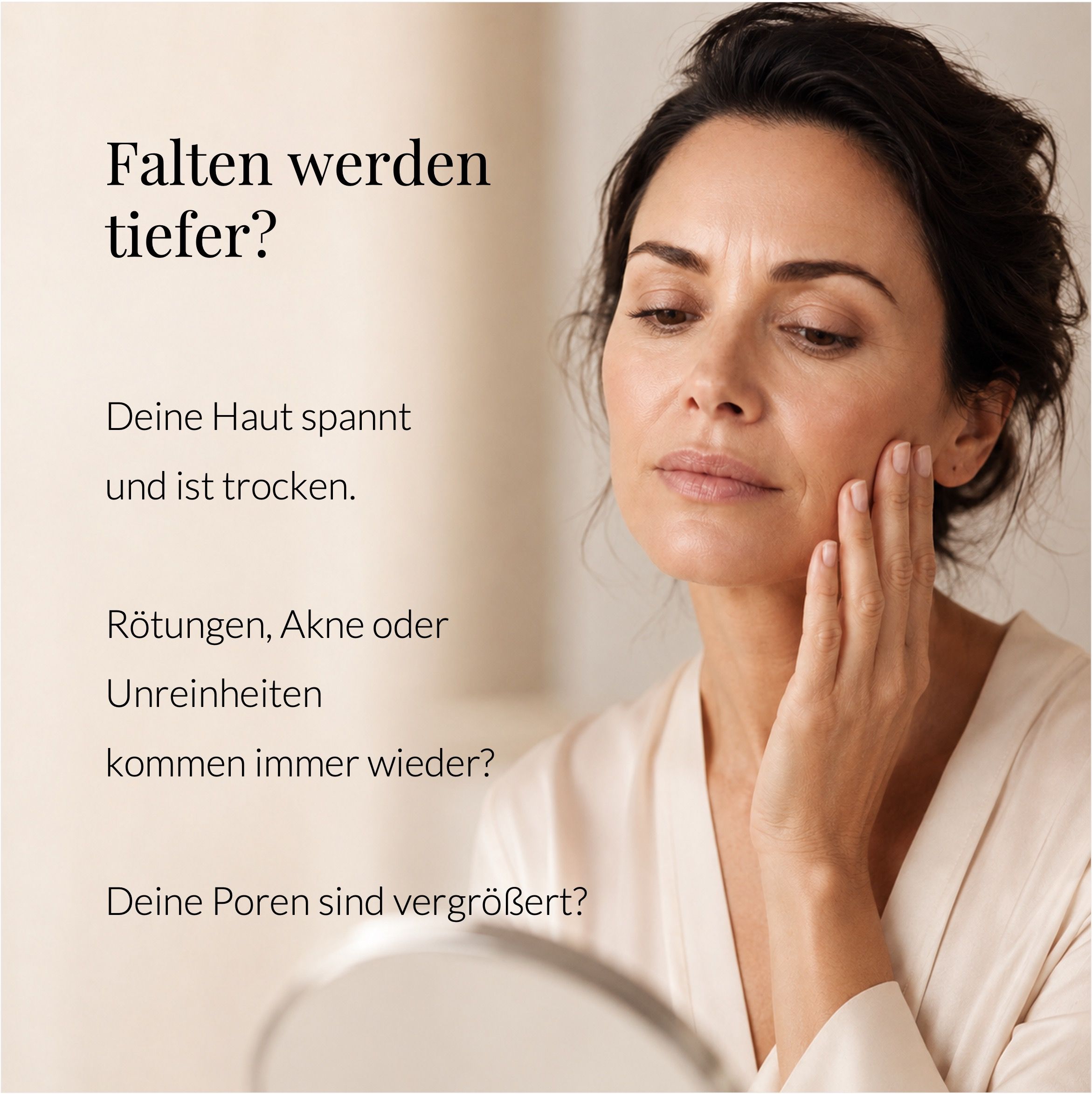 Frau mit Creme im Gesicht. Text: Nährt. Regeneriert. Glättet. Produkt und Flasche.