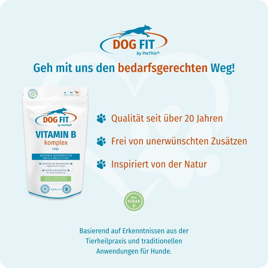 Produktverpackung mit Text: DOG FIT VITAMIN B komplex large. Vegan-Siegel. Text: Qualität seit über 20 Jahren, frei von Zusätzen.