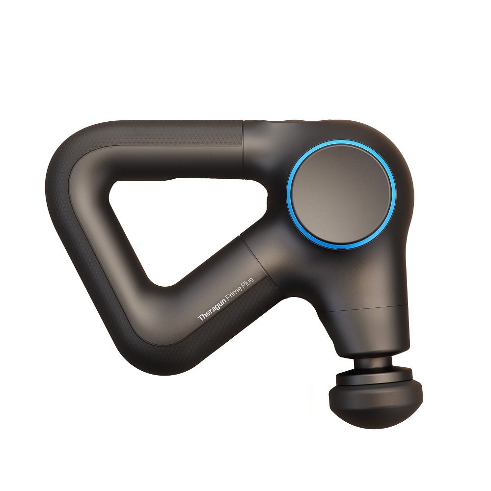 Schwarzes Massagegerät mit blauem Ring und Theragun Prime Plus Aufschrift. Ergonomisches Design.