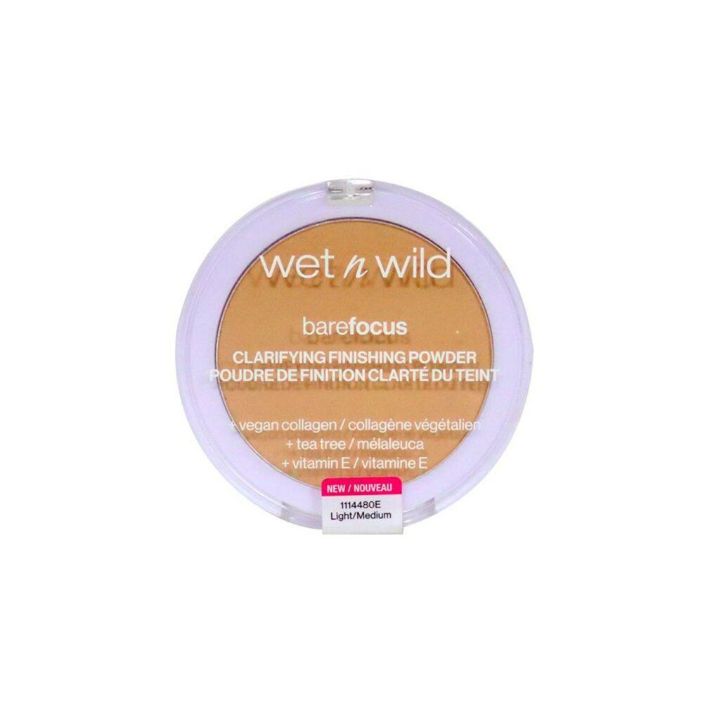 Runder Puderbehälter. Aufschrift: Wet n Wild, barefocus, Clarifying Finishing Powder. Farbton: Light/Medium. Vegan Collagen, Tea Tree, Vitamin E.