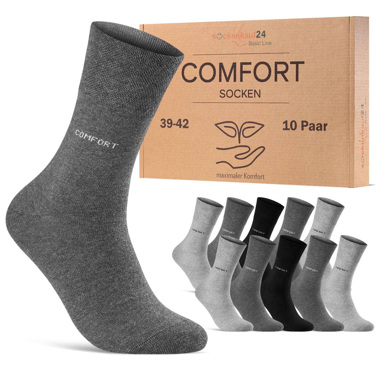 Graue Socken mit Komfortbund, in einer Verpackung mit 10 Paar. Aufschrift "COMFORT" und Größenangabe.