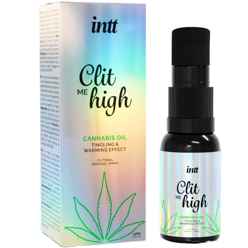 Sprayflasche und Verpackung. Aufschrift: "Clit High" und "Cannabis Oil". Marke: INTT. Holografischer Hintergrund.