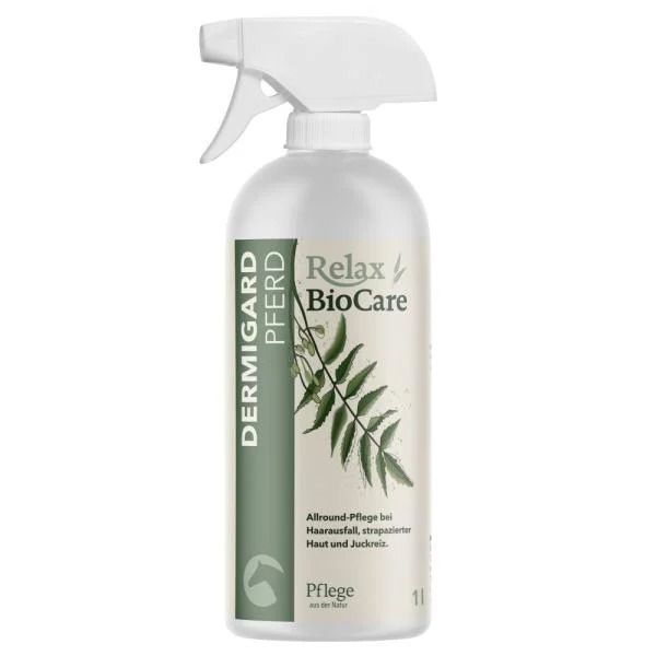 Weiße Sprühflasche mit grünem Etikett. Aufschrift: DERMIGARD PFERD, Relax BioCare. Text: Allround-Pflege bei Haarausfall, strapazierter Haut und Juckreiz.