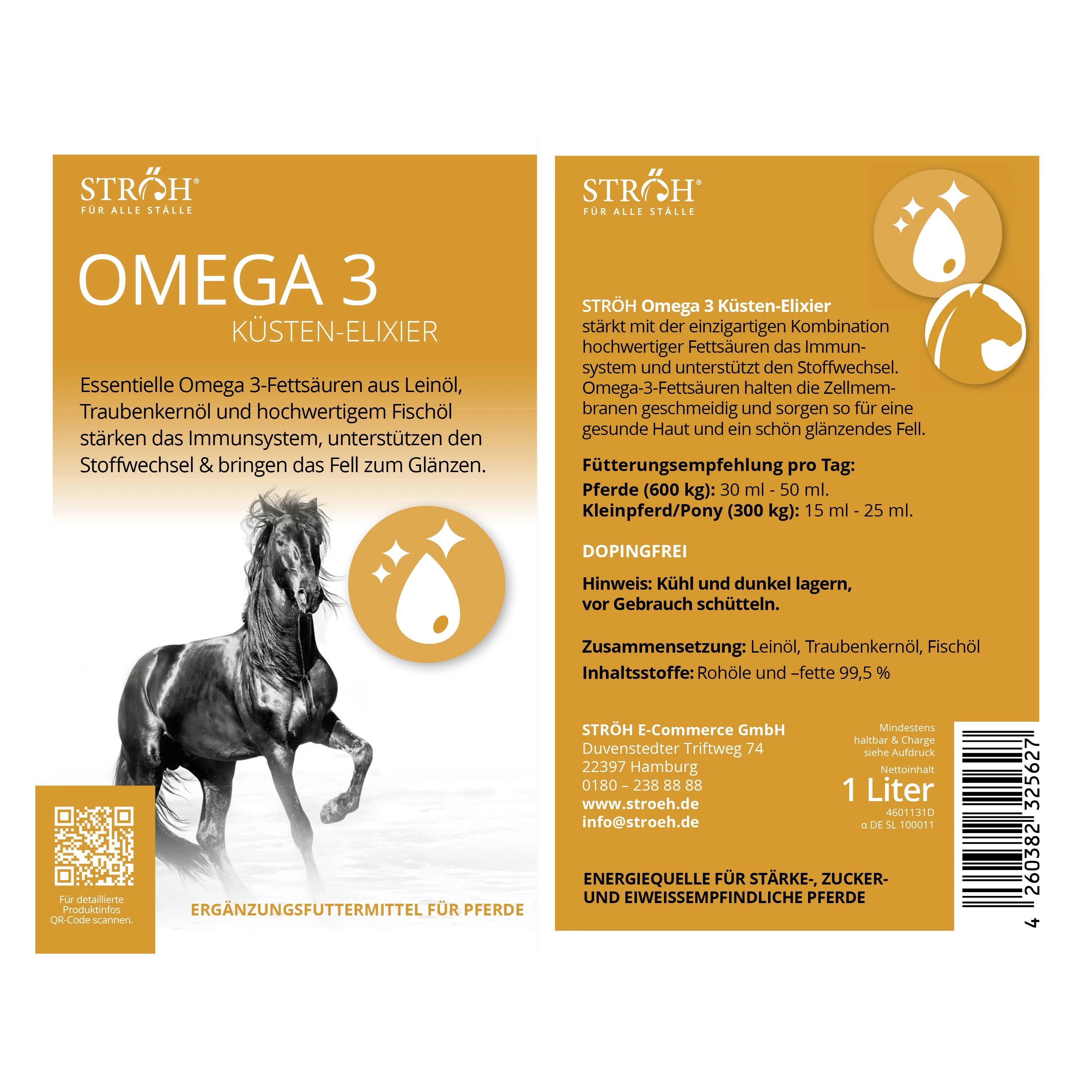 Etikett von STRÖH Omega 3 Küsten-Elixier. Text, Illustration eines Pferdes, QR-Code und Produktinformationen.