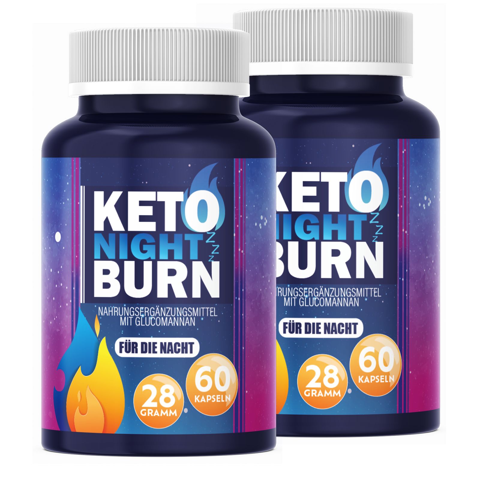 Zwei Flaschen Keto Night Burn. Blaue Flaschen mit weißem Deckel. Aufschrift: Keto Night Burn, 28 Gramm, 60 Kapseln.