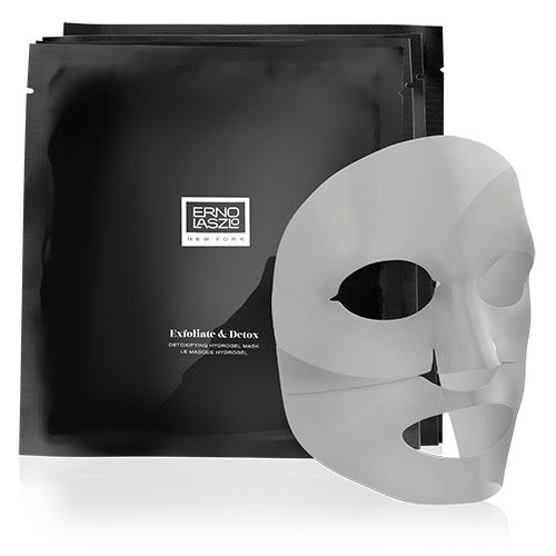 Gesichtsmaske aus Hydrogel. Schwarze Verpackung mit Logo und Schriftzug. Maske in durchsichtigem Material.