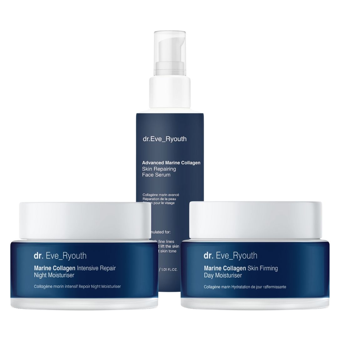 Set mit drei Produkten: Serum und zwei Cremes. Dunkelblaue Behälter mit weißem Deckel. Beschriftung: Dr. Eve_Ryouth, Marine Collagen.