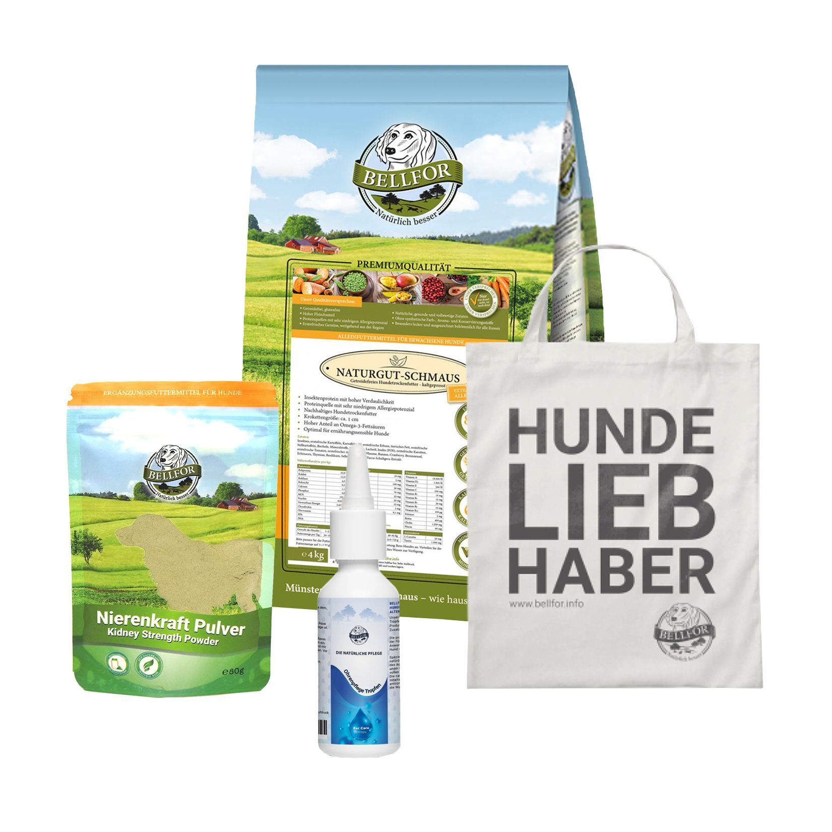 Verschiedene Produkte: Futterbeutel, Futter, Pulver und Ohrenpflege-Tropfen. Text: Hunde Liebhaber. Bellfor Logo.