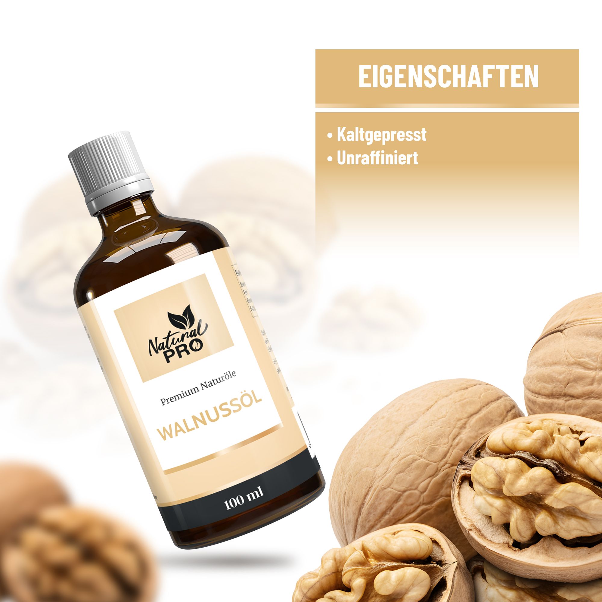 Braune Glasflasche mit weißem Deckel und Etikett. Daneben Walnüsse und Text "EIGENSCHAFTEN: Kaltgepresst, Unraffiniert".