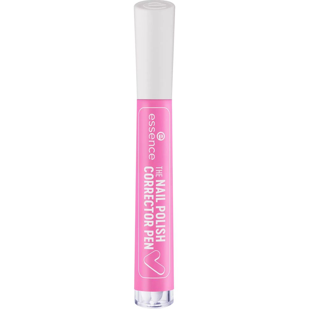 Essence Nagellack Korrekturstift. Der Stift ist pink mit weißem Deckel. Auf dem Stift steht "THE NAIL POLISH CORRECTOR PEN" und das Essence Logo. Der Stift hat eine weiße Spitze.