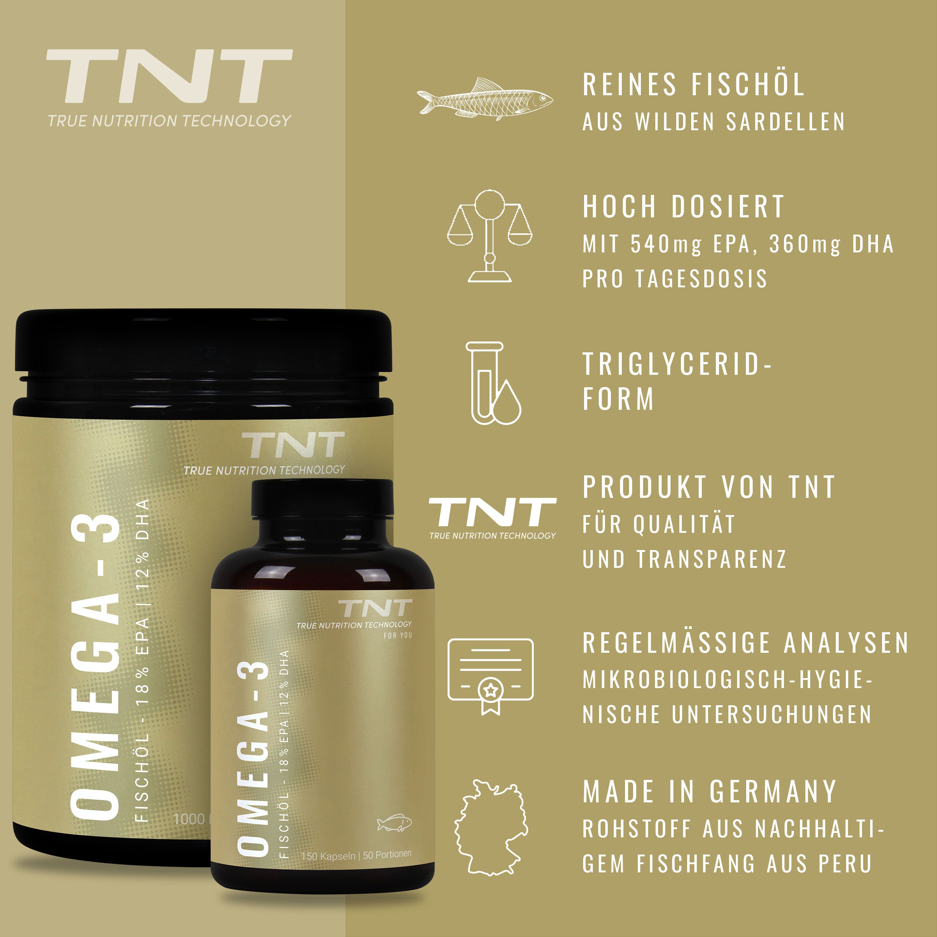TNT Omega-3 Fischöl: Reines Fischöl aus wilden Sardellen, hoch dosiert, Triglicerid-Form. Made in Germany.