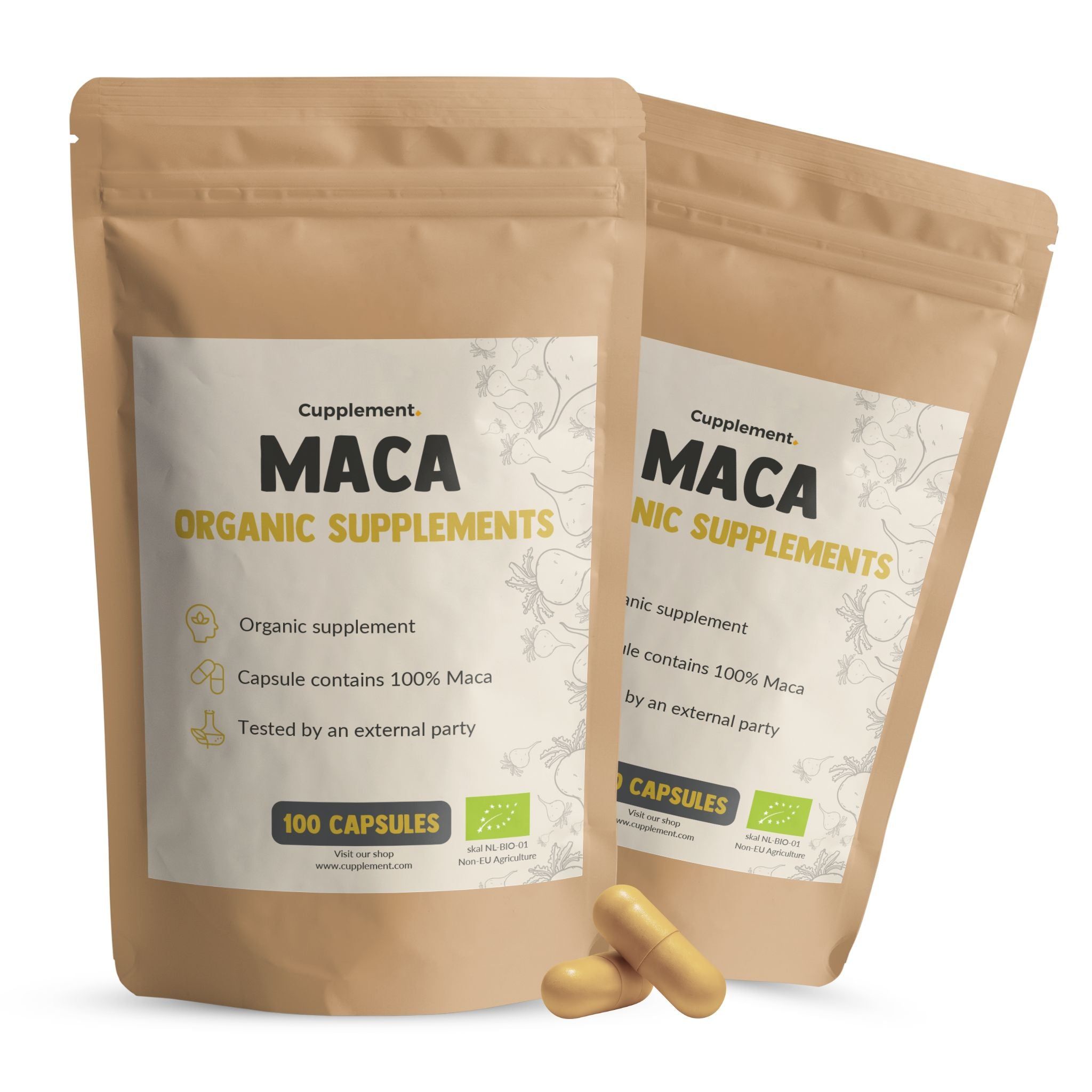 Zwei Beutel mit Cupplement Maca 500 mg BIO. Aufschrift: MACA ORGANIC SUPPLEMENTS. 100 Kapseln. Zwei Kapseln liegen daneben.