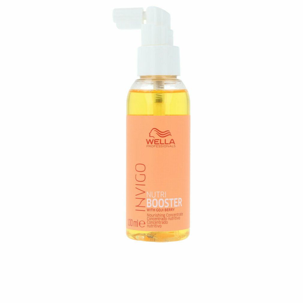 Flasche mit orangefarbenem Etikett. Aufschrift: Invigo Nutri Booster. Mit Goji-Beere. Mit Dosierspender.