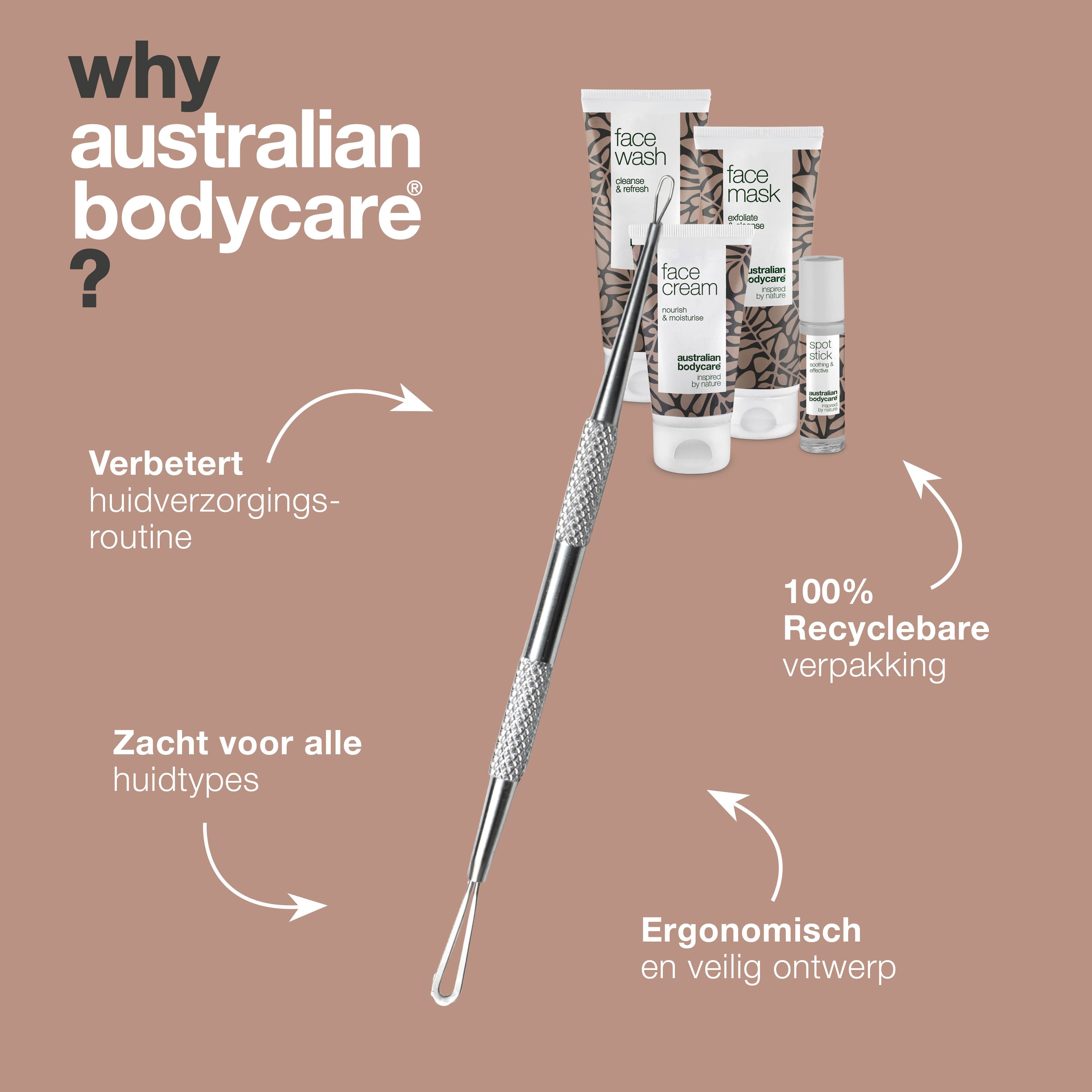 Tool en producten: reiniger, masker, crème, stick. Merk: Australian Bodycare.
