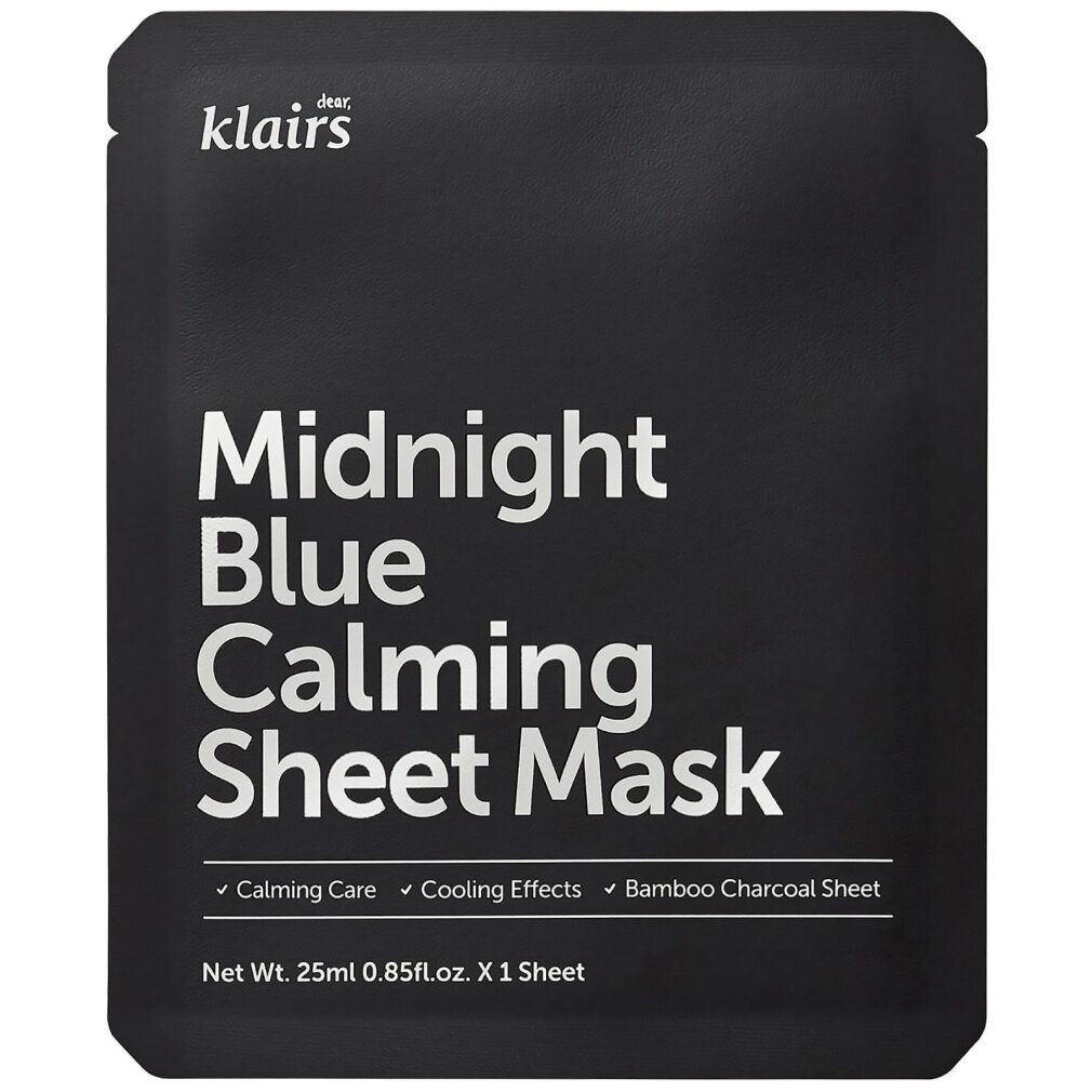 Klairs Midnight Blue Calming Sheet Mask Verpackung mit Text.