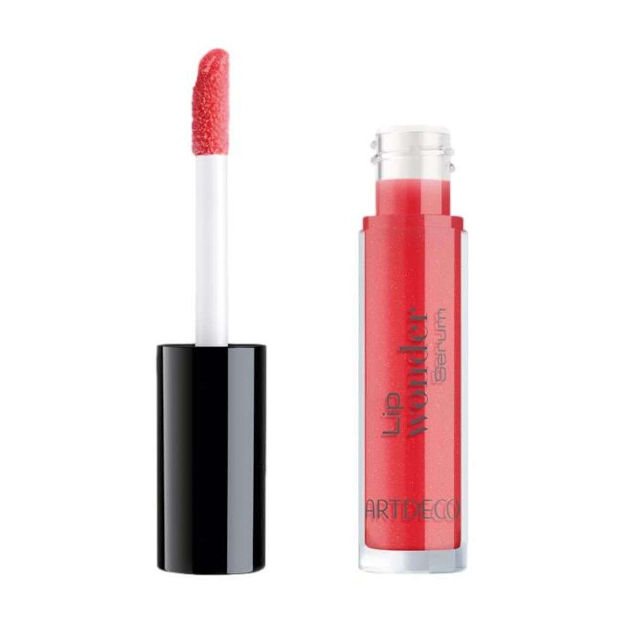 Artdeco Lip Wonder Serum. Rote Flüssigkeit in einem transparenten Behälter. Applikator mit roter Spitze. Produktname und Marke sichtbar.