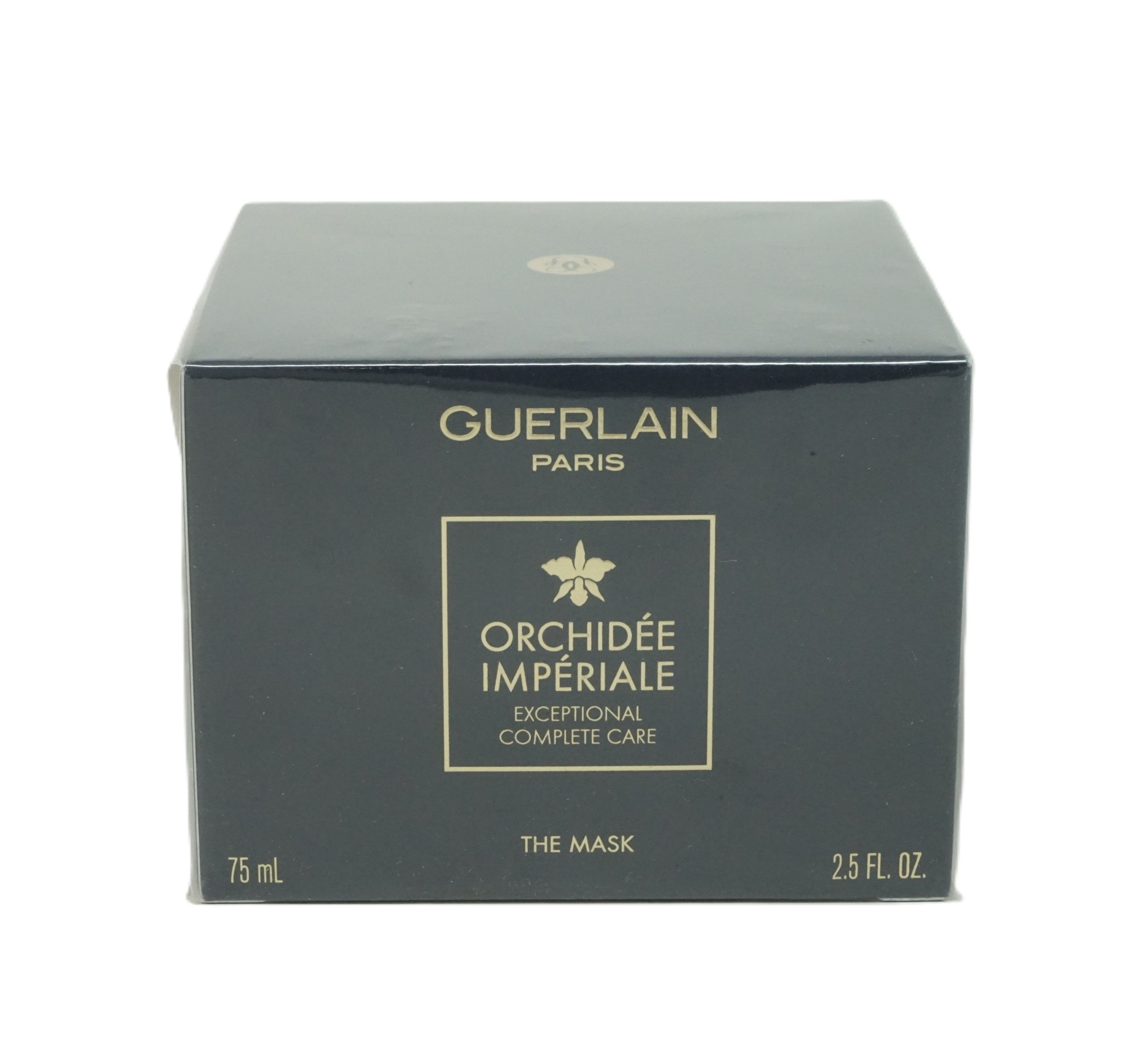 Dunkelgraue Schachtel mit goldfarbenem Schriftzug. Enthält "GUERLAIN PARIS" und "ORCHIDÉE IMPÉRIALE". 75 ml und 2.5 FL. OZ. sind angegeben.