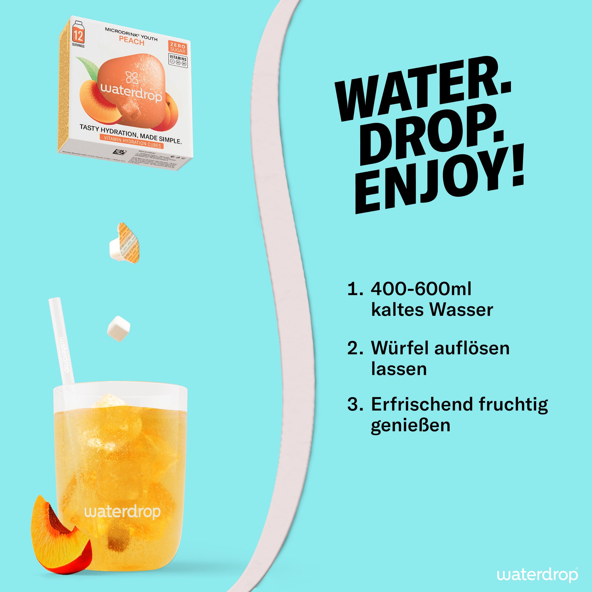 Glas mit Getränk und Pfirsich. 3 Würfel fallen ins Glas. Aufdruck waterdrop®. Anleitung: 400-600ml kaltes Wasser.