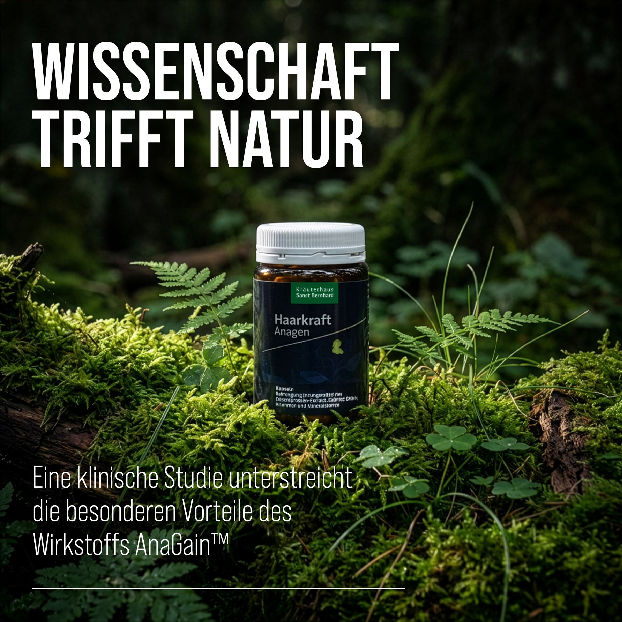 Eine Dose "Haarkraft Anagen"-Kapseln in einer natürlichen Umgebung. Text: "WISSENSCHAFT TRIFFT NATUR".