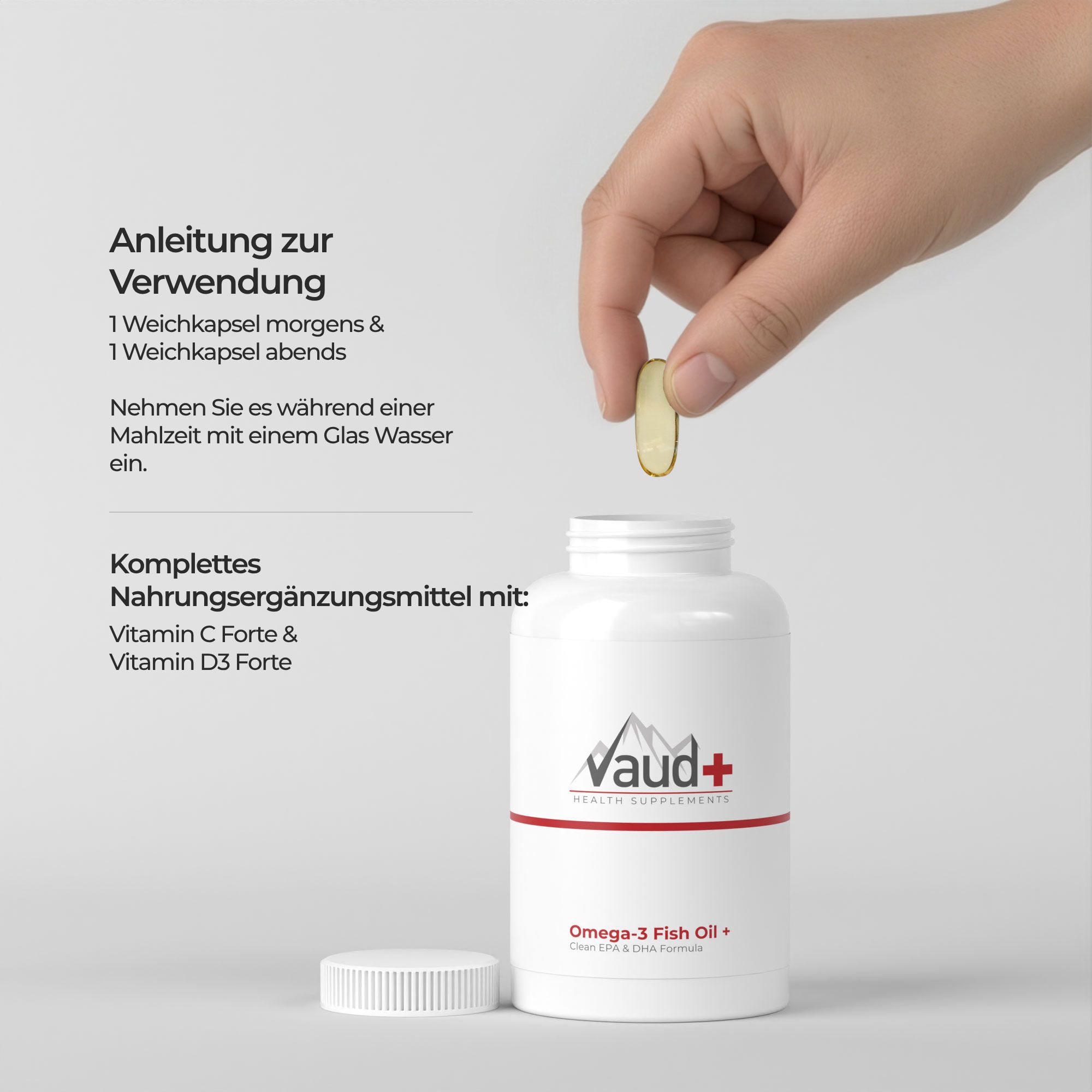 Hand legt eine Kapsel in eine weiße Flasche. Text: Anleitung zur Verwendung. Nahrungsergänzungsmittel mit Vitamin C & D.