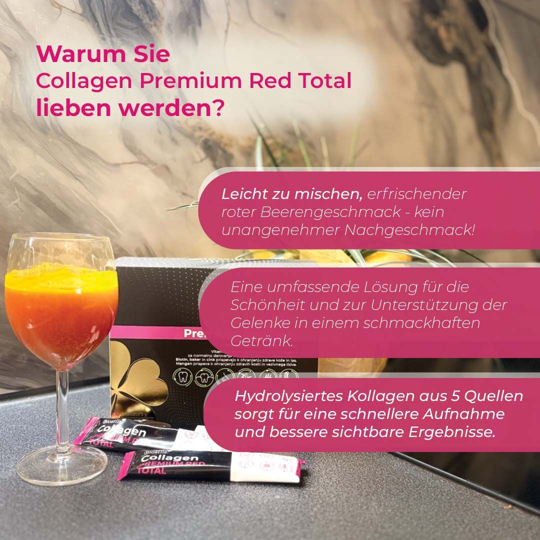 Glas mit rotem Getränk, daneben "Collagen Premium Red Total"-Beutel. Text: leicht zu mischen, erfrischend.