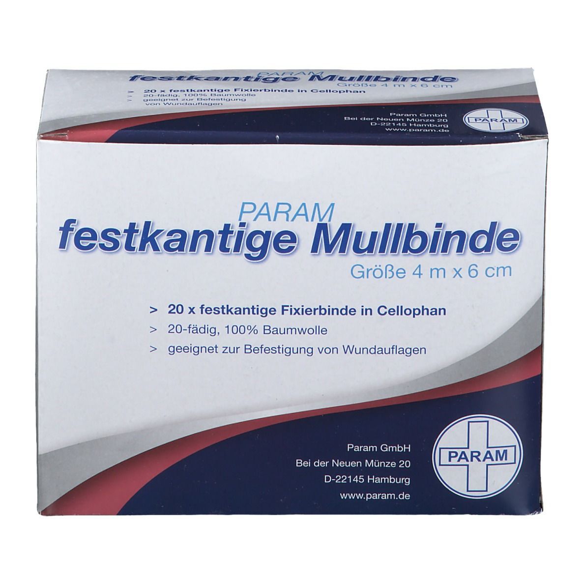 PARAM Mullbinde-Verpackung. Größe 4 m x 6 cm. 20 Stück. Weiß, blau und rot. Mit Text und Logo. CE-Kennzeichnung.