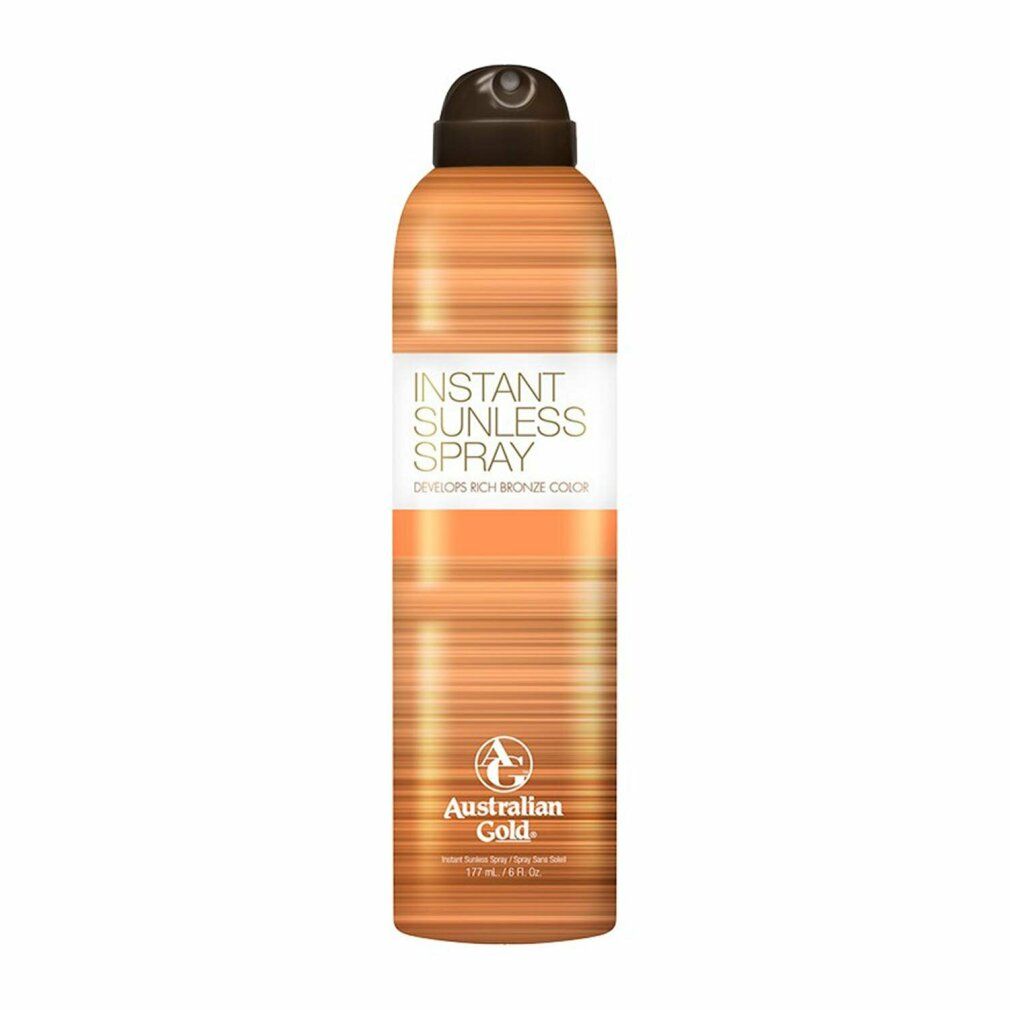 Spraydose mit brauner Flüssigkeit. Aufschrift: Instant Sunless Spray, Entwickelt Rich Bronze Color. Marke: Australian Gold.