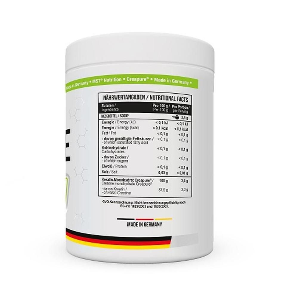 Weißes Supplement-Behälter mit Nährwertangaben. Text: Nährwertangaben/ Nutritional Facts. Made in Germany-Logo.