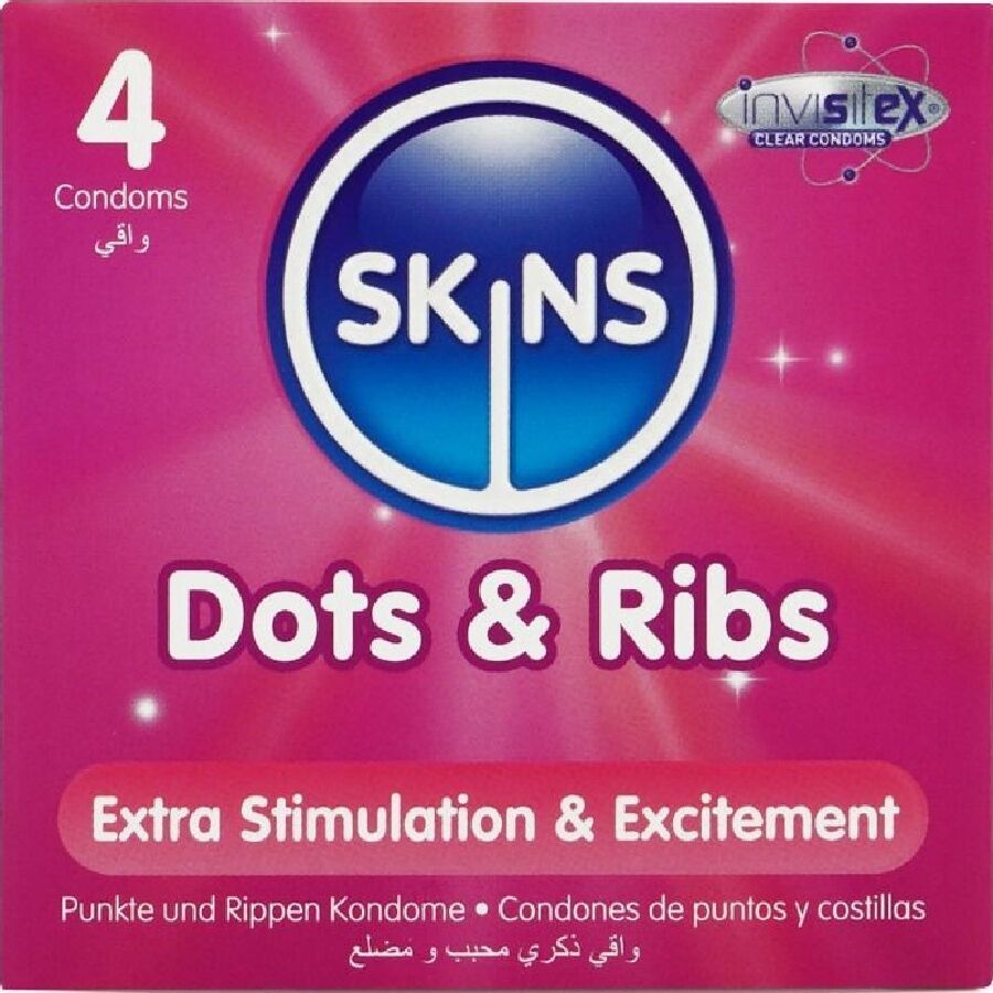 Verpackung mit 4 Kondomen. Marke SKINS, Produkt Dots & Ribs. Text: Extra Stimulation & Excitement.