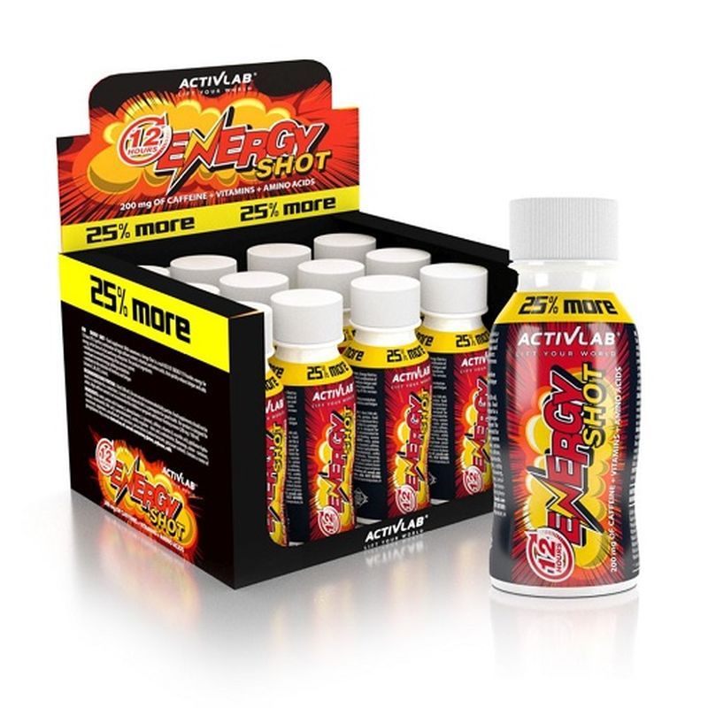 Verpackung mit Energy Shot-Fläschchen. Schwarzer Karton mit gelben und roten Akzenten. Aufschrift: Energy Shot, 25% mehr.