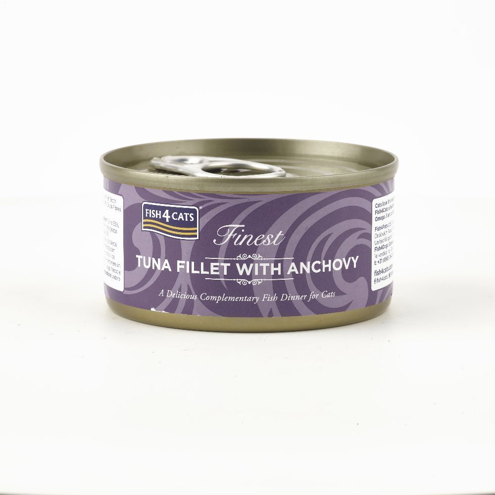 Dose Thunfischfilet mit Sardellen. Lila Etikett mit Produktname und Marke Fish4Cats ®.